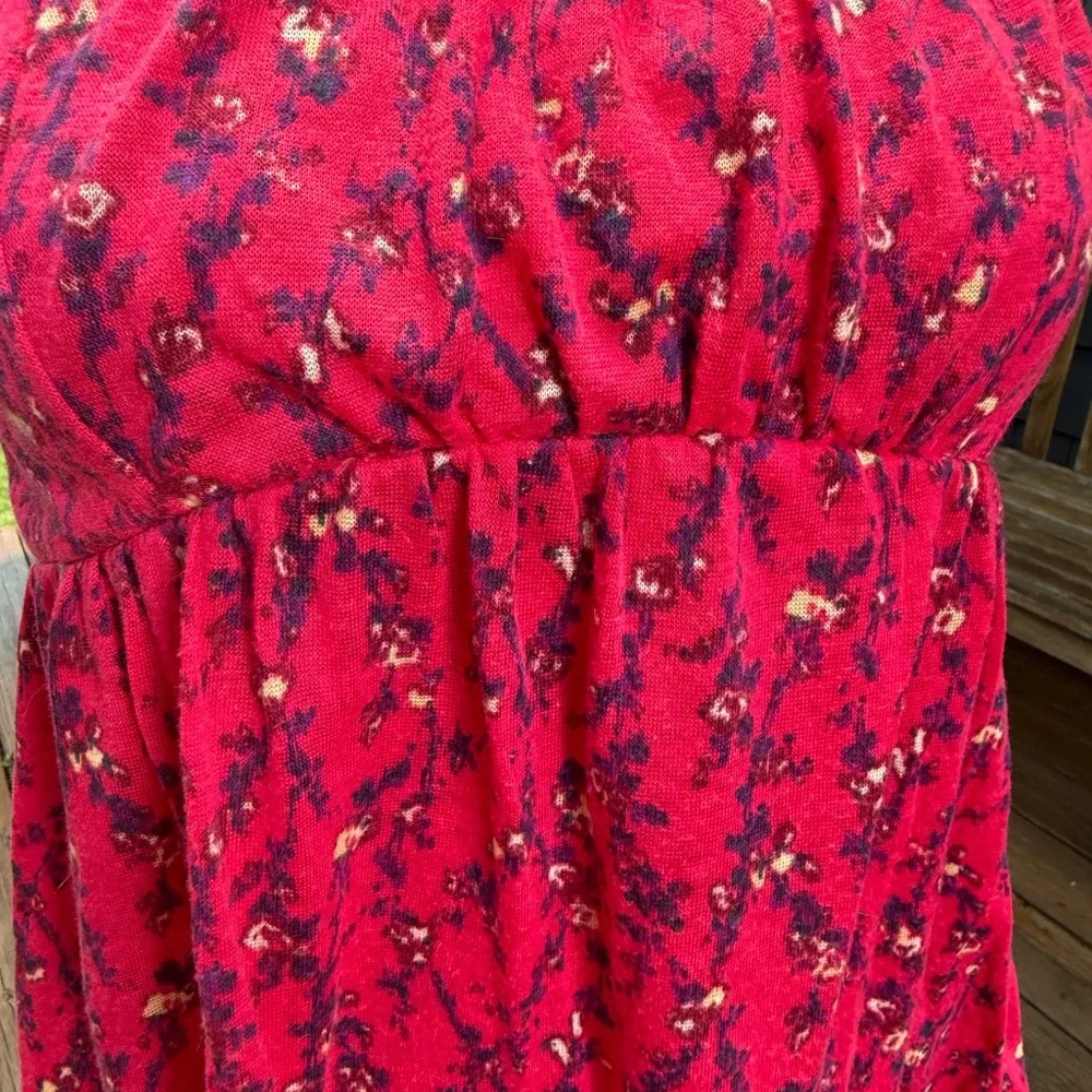 Free People‎ Red Floral Strapless Tube Top Babydoll Empire Waist Lettuce Hem SM